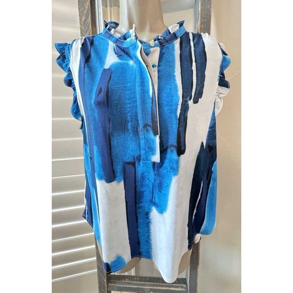 DKNY Blouse Womens SZ L Blue White Flutter Sleeve Henley Wearable Artsy